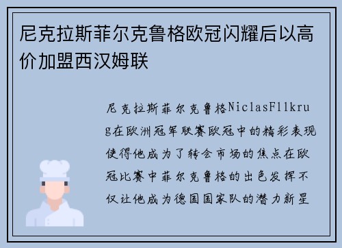 尼克拉斯菲尔克鲁格欧冠闪耀后以高价加盟西汉姆联